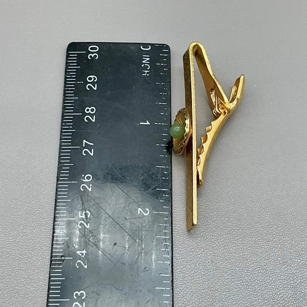Vintage Tie Clip Gold Tone Genuine Green Jade Cabochon Men's Necktie Bar
